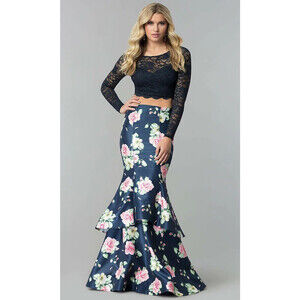 Sequin Hearts Two Piece All Over Lace Party Cocktail Dress Navy Size 11 $200